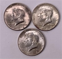 3 Kennedy half dollars, 1964; silver