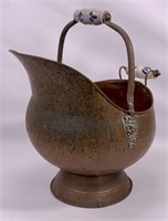 Copper coal scuttle, porcelain handles, 14" dia.,