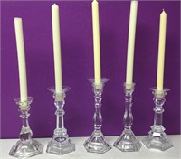 Lot Of 5 Glass Candlesticks & Candles