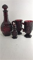 Red Glass Decanter & 2 Cups Set