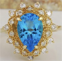 5.22 Cts Swiss Blue Topaz Diamond Ring 14 Kt