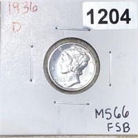 1936-D Mercury Silver Dime SUPERB GEM BU FSB