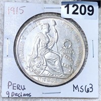 1915 Peru Silver 9 Decimos CHOICE BU