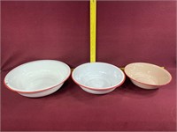 White w/ Red Rim Enamelware Bowls