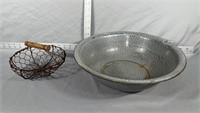 vintage enamelware dish pan and wire basket