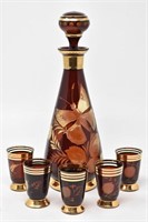 Amber Glass Etched Decanter w 5- Shot Glasses