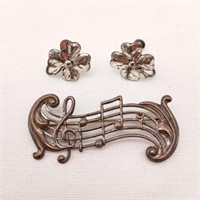 Sterling Music Bar Pin + 4 Leaf Clover Earrings