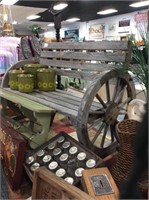 Wooden outdoor wagon wheel bench