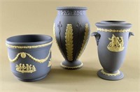 Three Wedgwood Blue Jasperware Vases