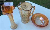 Carnival Glass Vase, Pitcher & Bowl