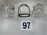 Metal stirrup, with pair of glass horse book ends