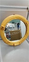 Wood & rope frame porthole mirror, 11 in diameter