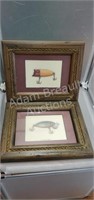 2 wood and rope framed matted fishing lure