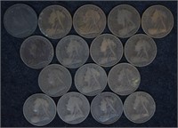 1800's Victoria Young Head Large Cents; 16 Pcs.