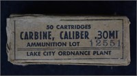 Antique WWII 30 Carbine 50 Round Box & Ammo