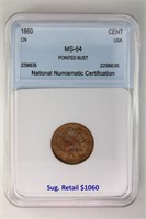 1860 Indian Head Cent NNC MS-64 Pointed Bust