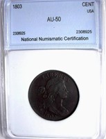 1803 Draped Bust Cent NNC AU-50 $2000 GUIDE