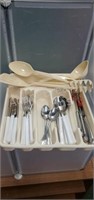 Plastic silverware tray, silverware and assorted