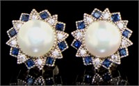 Beautiful Pearl & Sapphire Stud Earrings