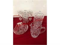 Heavy glass Brides basket, pitcher, cracker jar