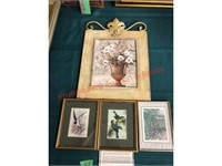2 woven bird pictures + metal framed picture