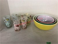 3 pyrex bowls & 6 butterfly glasses