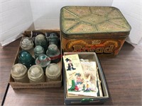 Vintage bread tin, insulators, vintage greeting