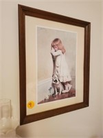 WOOD FRAMED POUTING GIRL AND DOG PICTURE