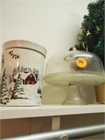 WINTER SCENE COOKIE JAR /GLASS CAKE STAND (COVERED