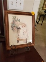 OLD WOOD FRAME BABY PICTURE AND EASEL