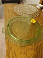 VINTAGE GREEN AND GLASS CAKE PLATE