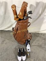 Vintage golf bag with seven clubs plus shoes&more…