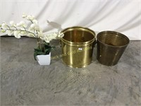 2 Gold Plant holders & fake orchid