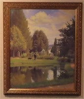 PRINT ON CANVAS FRAMED - MAN AND DOG BY POND -