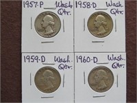 1957 P, 58 D, 59 D, 60 D WASHINGTON QUARTERS 90%