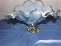 White Cristal Glass pedestal dish (hand blown?)