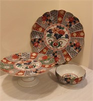 Vintage Arita Cake Stand w/Scalloped Plate & Bowl.