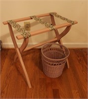 Pink Folding Luggage Rack & Wicker Basket