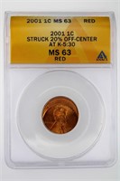 2001 Cent ANACS MS-63 Red Off-Center