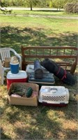 Misc Lot Planters  2 Chairs Coolers Bags Of