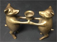 Vintage Brass Double Pigs Candleholder 5"