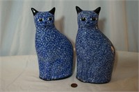 Pair Vintage ENESCO Blue Spongeware Kitties