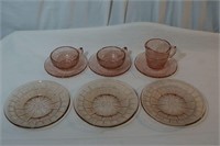 Pink Depression Glass Plates, Teacups & Creamer