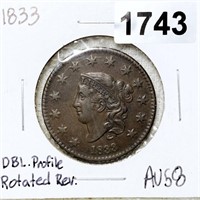 1833 Coronet Head Large Cent CHOICE AU DBL PROFILE