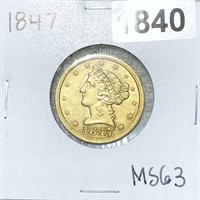 1847 $5 Gold Half Eagle CHOICE BU