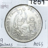 1891 Peru Silver Un Sol CHOICE AU 9 DECIMOS