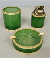 Vintage Green Lighter & Ashtray Set