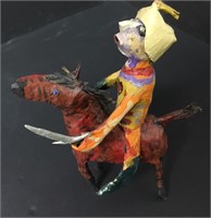 Paper Mache Folk Art Man On Horse Signed