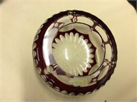 Hand Cut Clear & Ruby Red Glass Ashtray