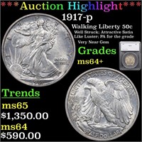 *Highlight* 1917-p Walking Liberty 50c Graded ms64